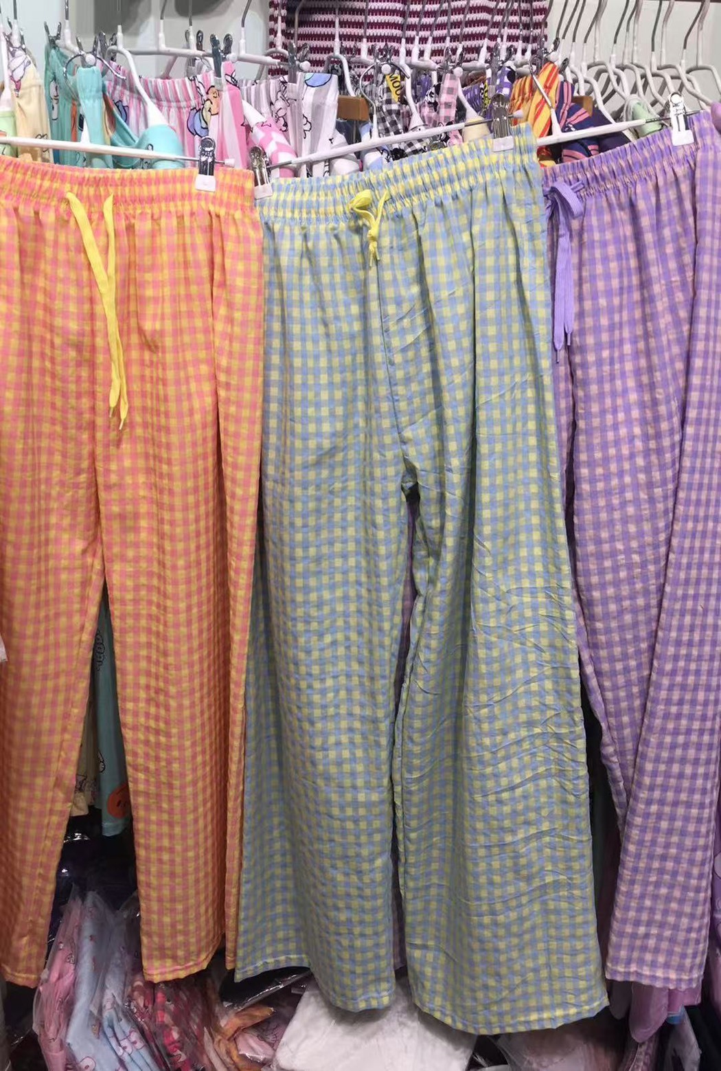 K14030抽繩格紋長褲(藍'粉'紫)