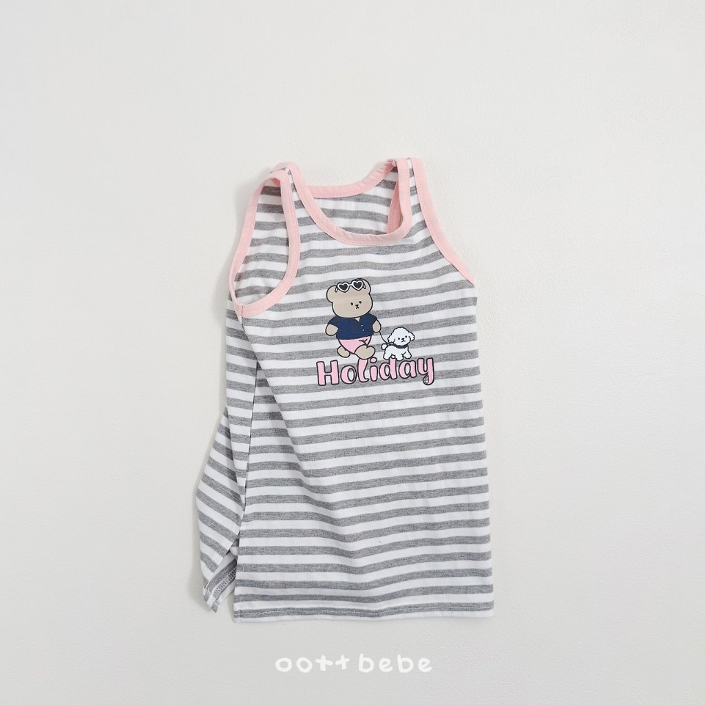 正韓夏OOTT BeBe 熊熊狗狗條紋洋裝