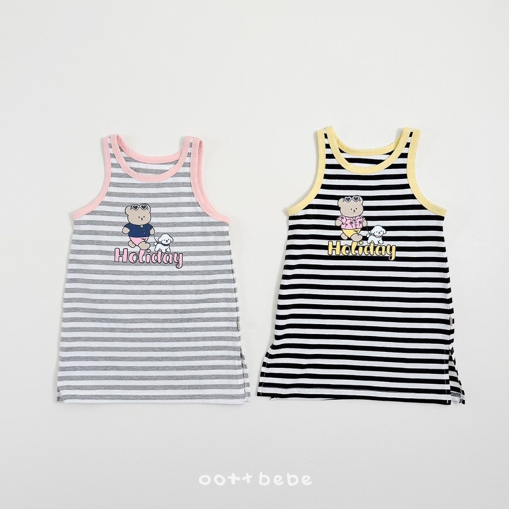 正韓夏OOTT BeBe 熊熊狗狗條紋洋裝