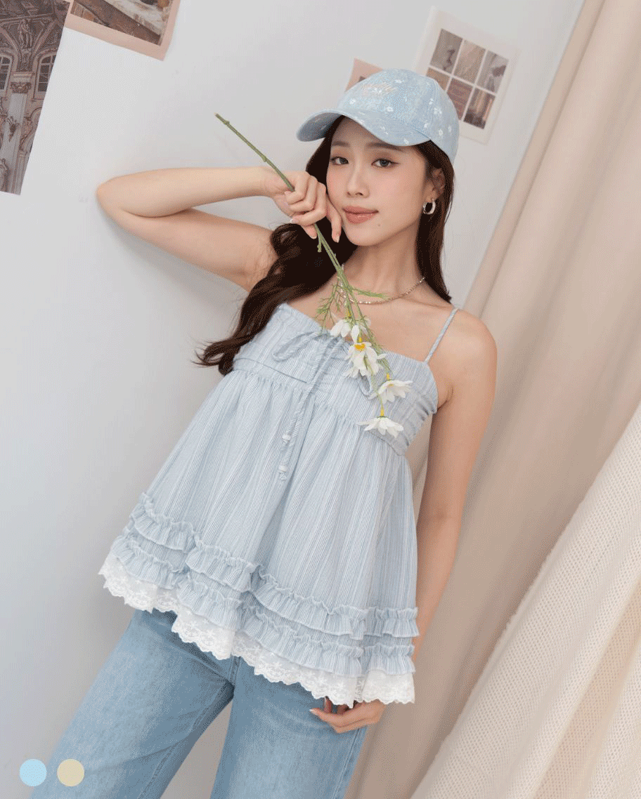 棉麻混紗吊帶荷葉上衣