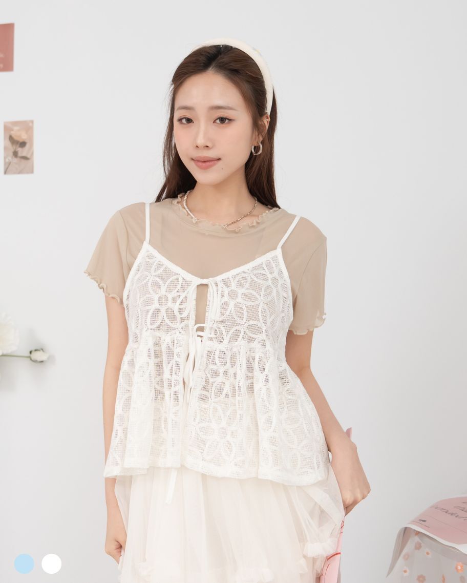 蕾絲花花綁帶外罩上衣