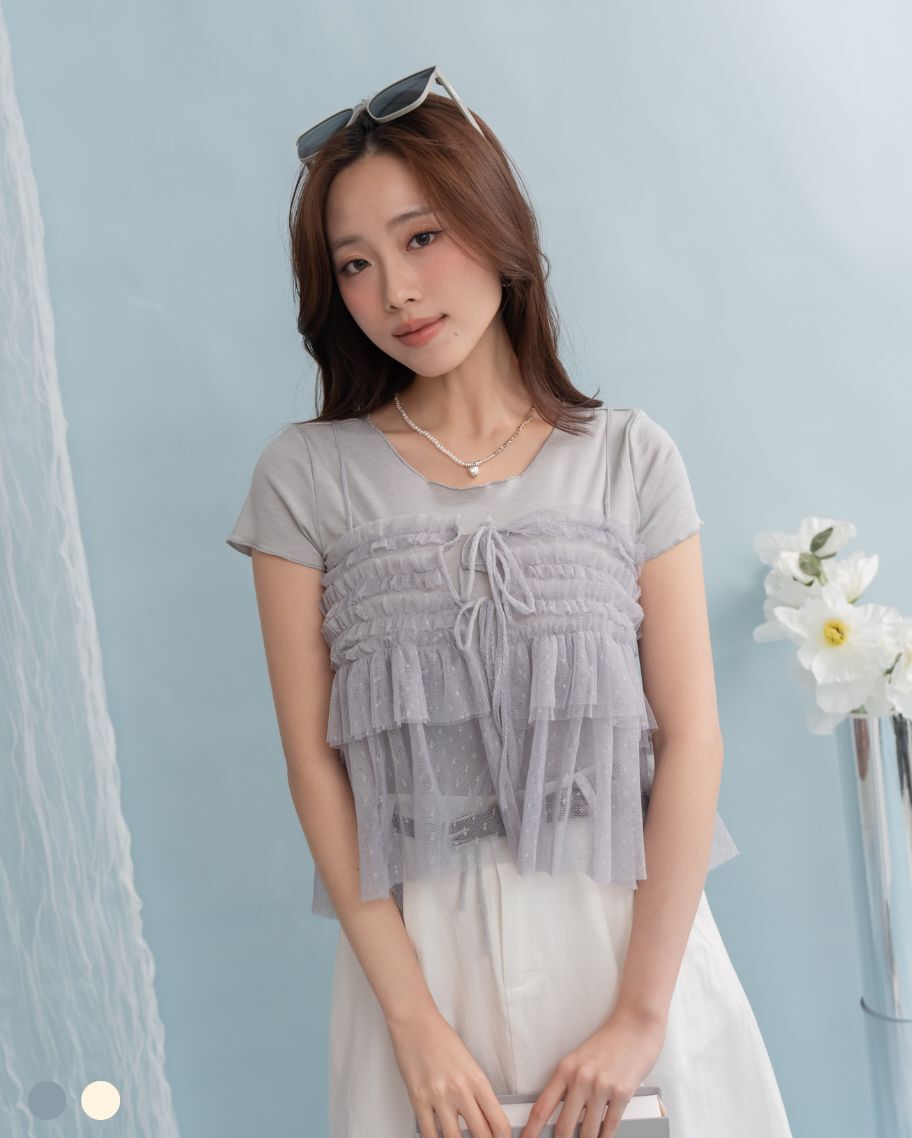 層次感柔紗荷葉邊短袖上衣