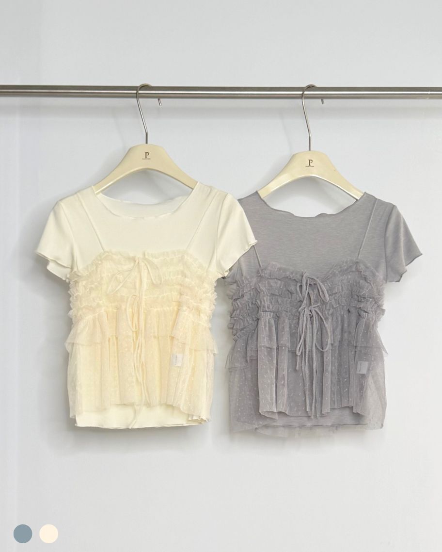 層次感柔紗荷葉邊短袖上衣