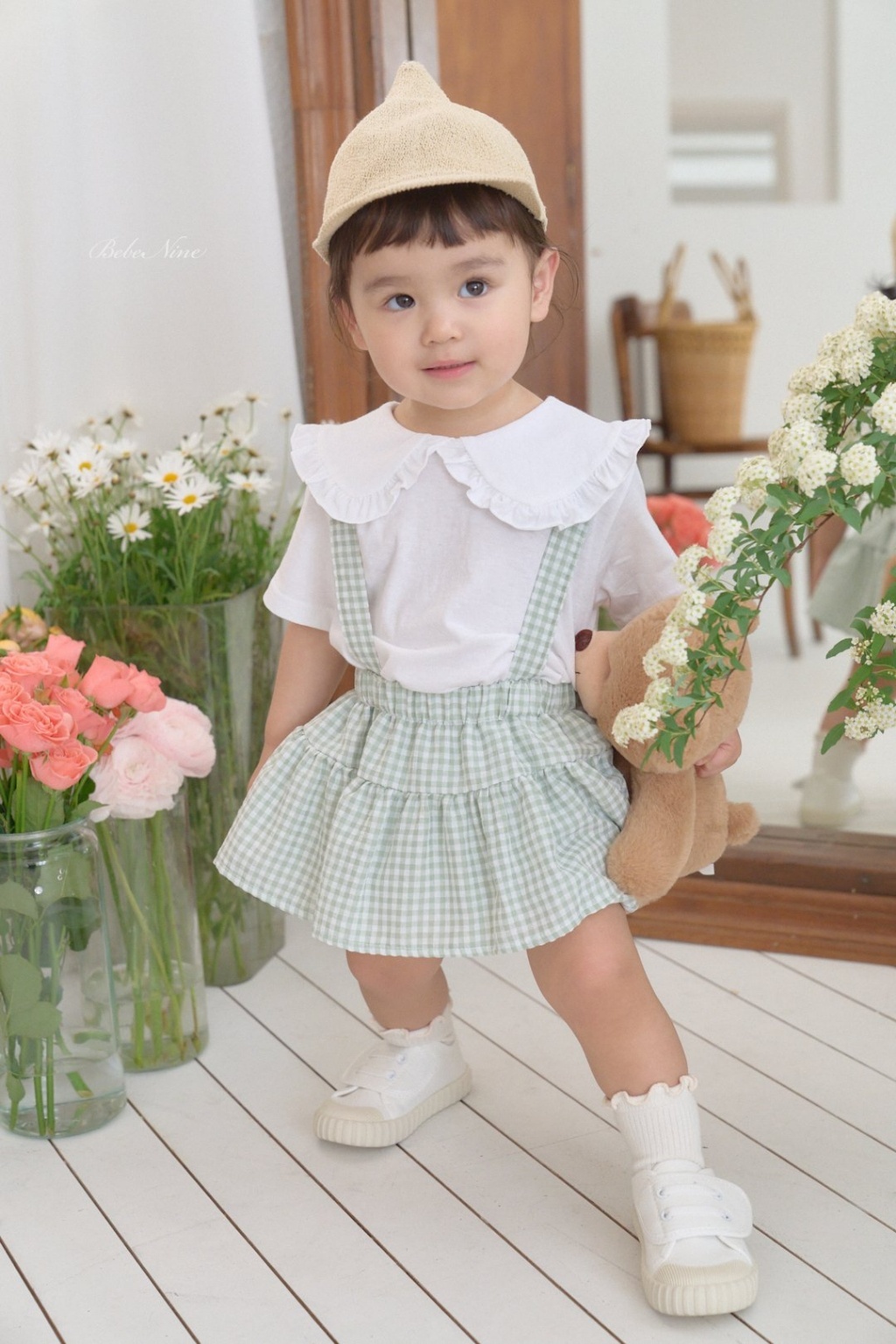 正韓夏bebenine 嫩嬰小方格吊帶包屁裙