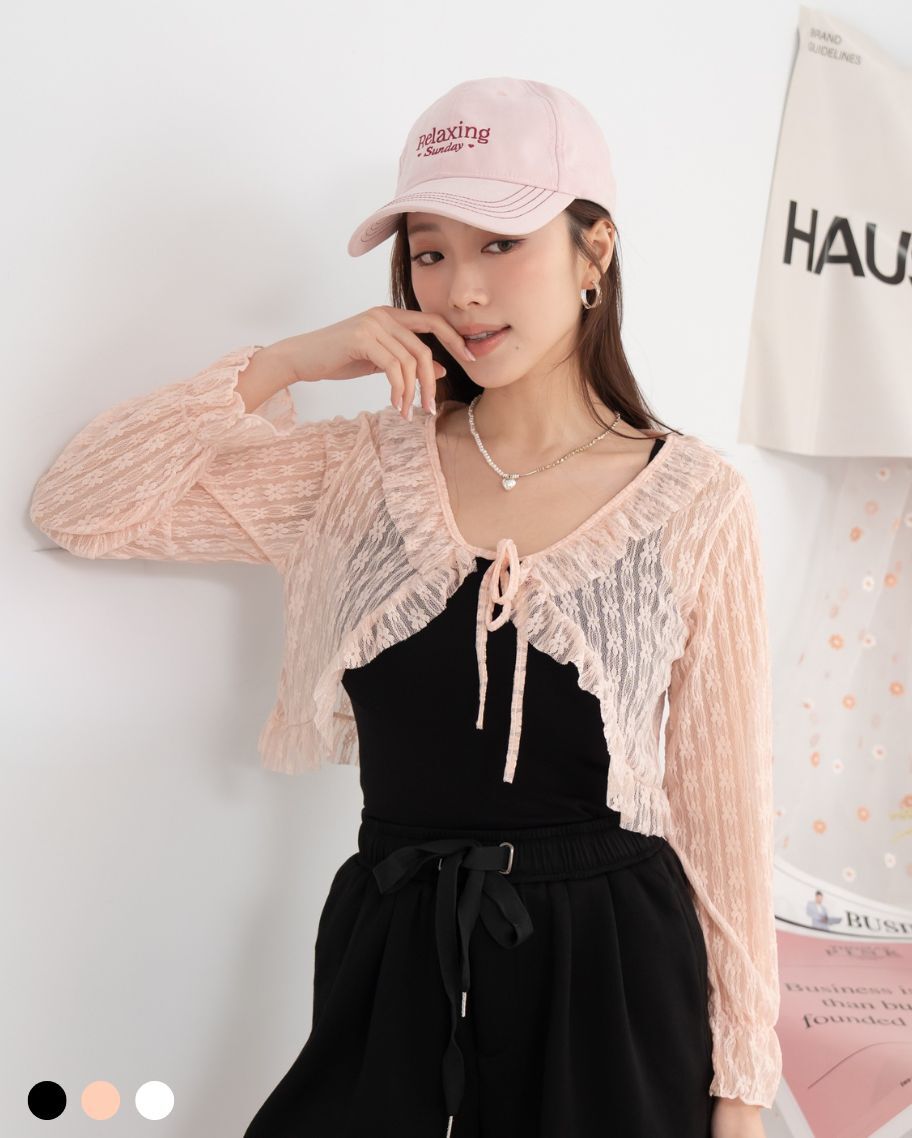 韓系鏤空蕾絲荷葉邊短版上衣