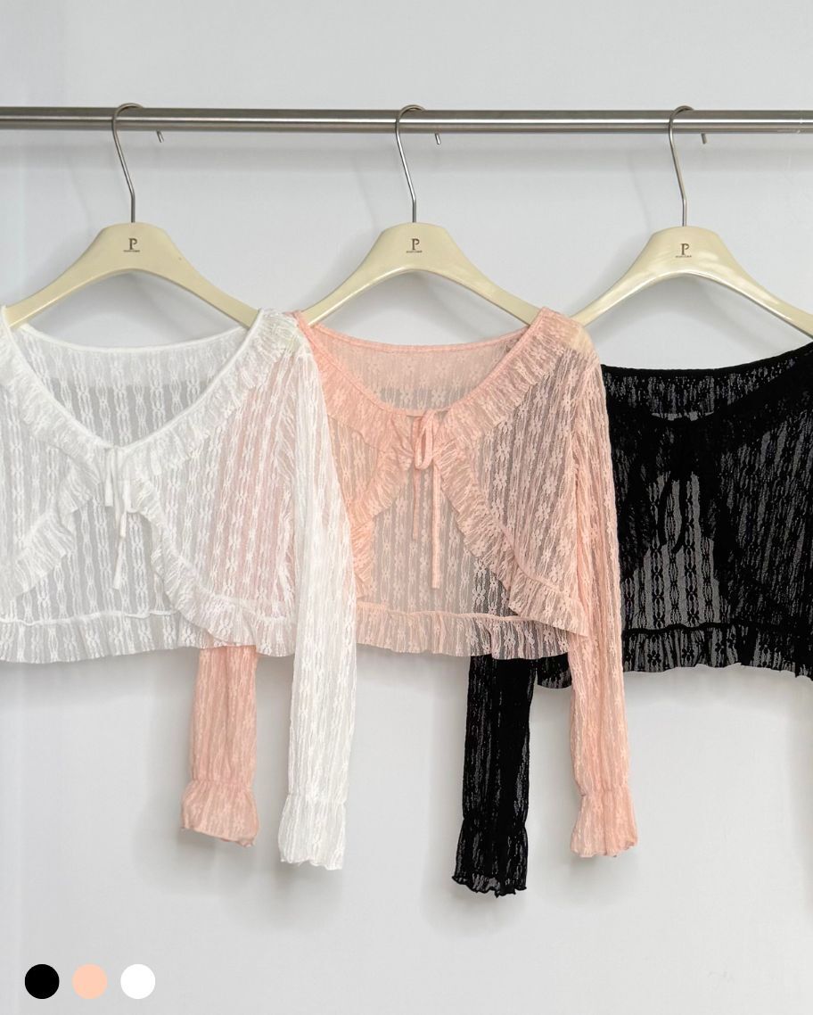 韓系鏤空蕾絲荷葉邊短版上衣