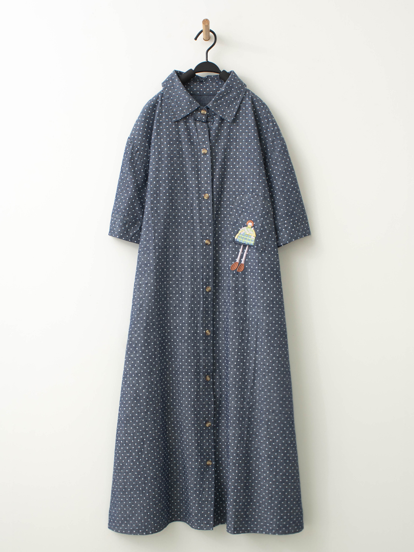 點點印花小女孩繡花長版牛仔襯衫洋裝