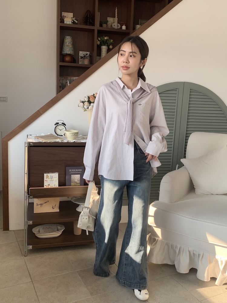 銀標條紋襯衫披肩兩件式