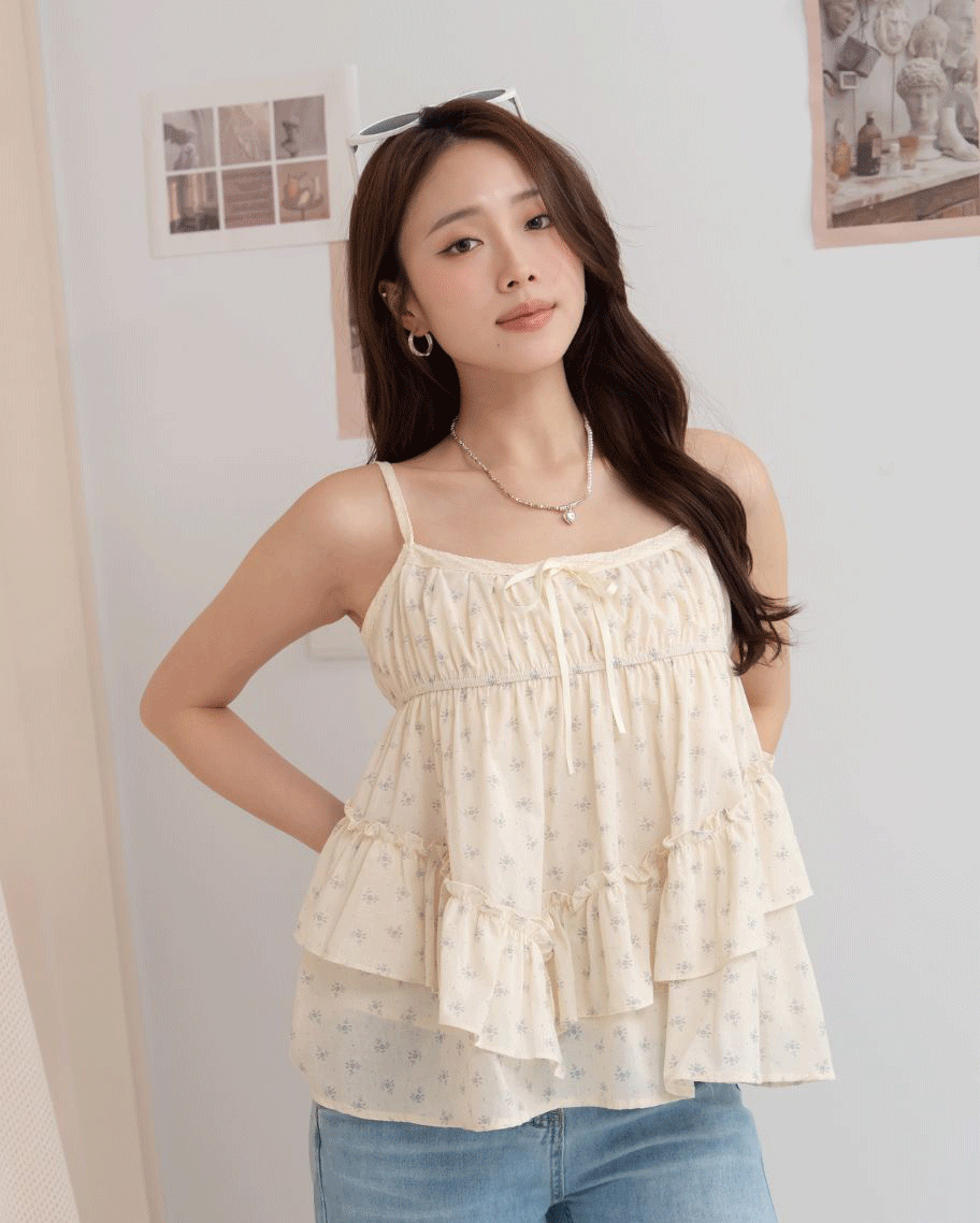 氣質小碎花荷葉吊帶上衣