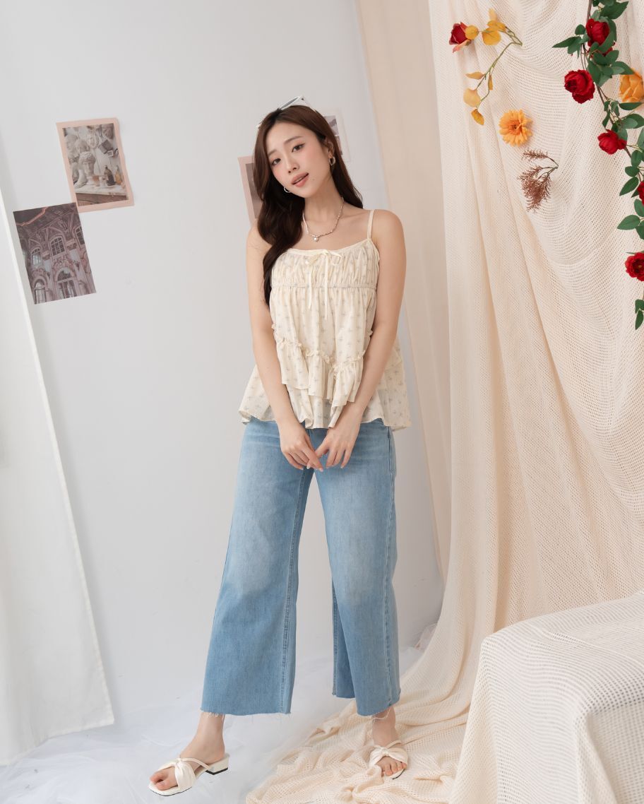 氣質小碎花荷葉吊帶上衣