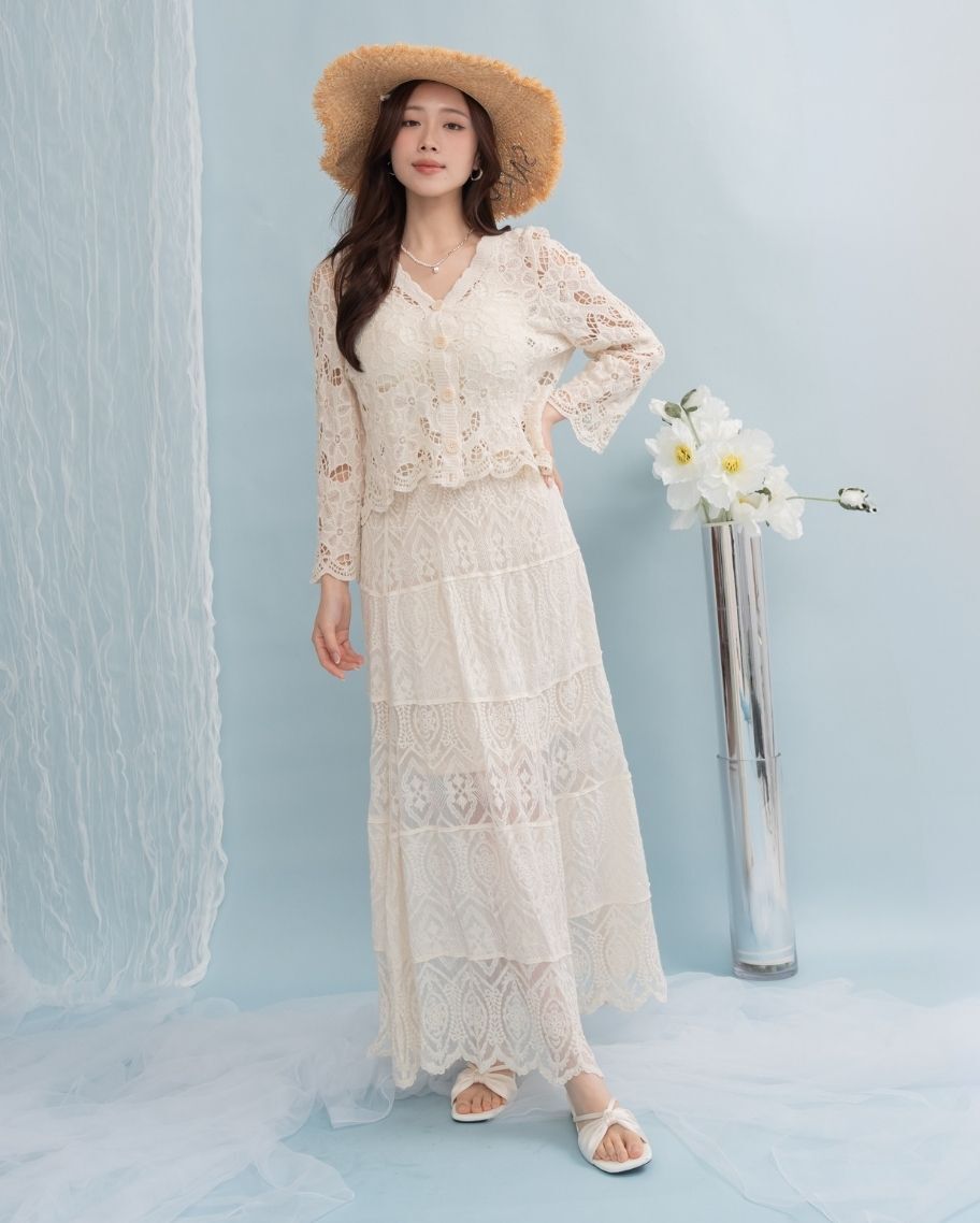 優雅圖騰緹花透紗長裙