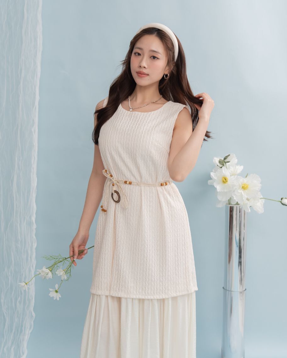 假兩件度假風針織鏤空洋裝