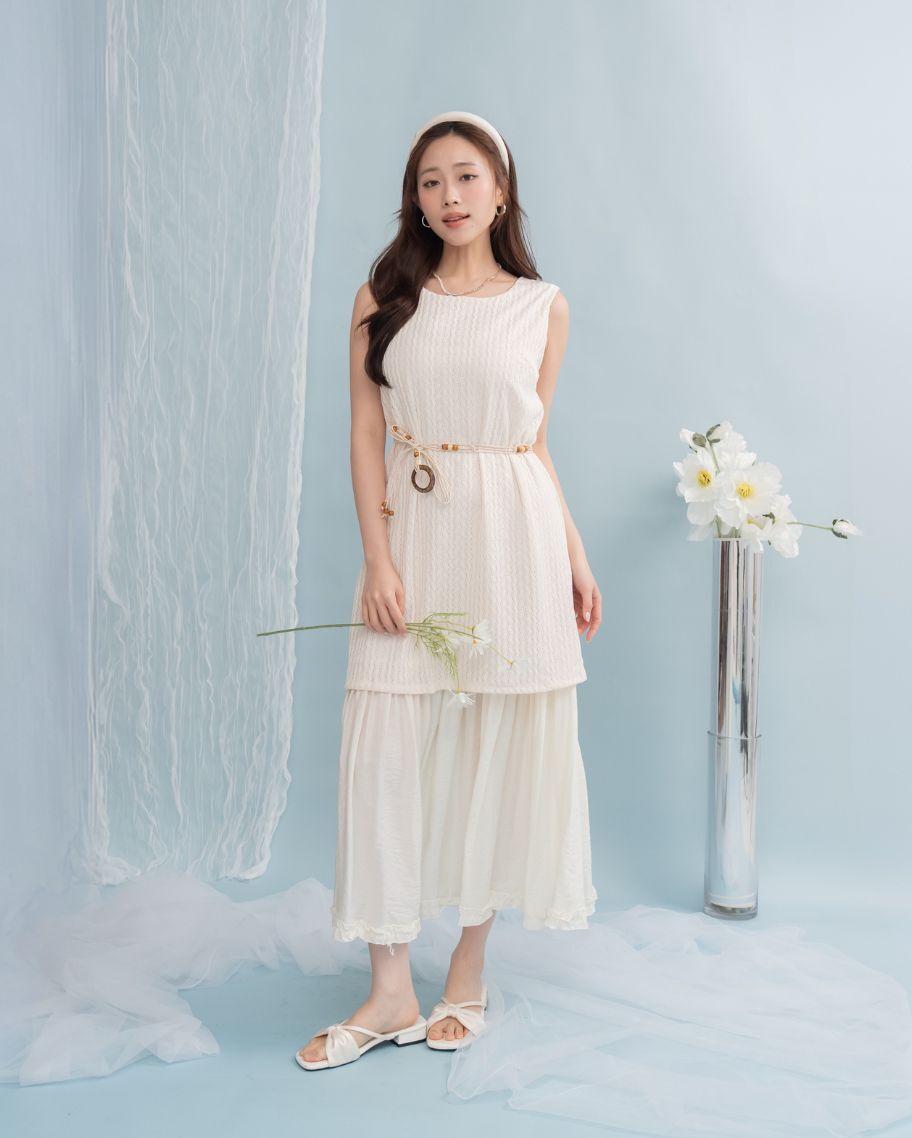 假兩件度假風針織鏤空洋裝