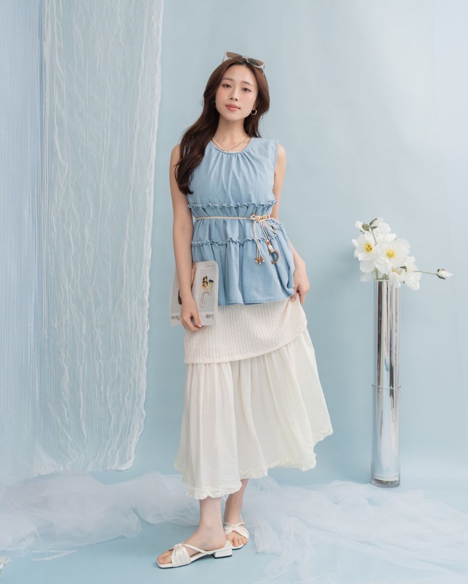 氣質牛仔抓皺荷葉上衣