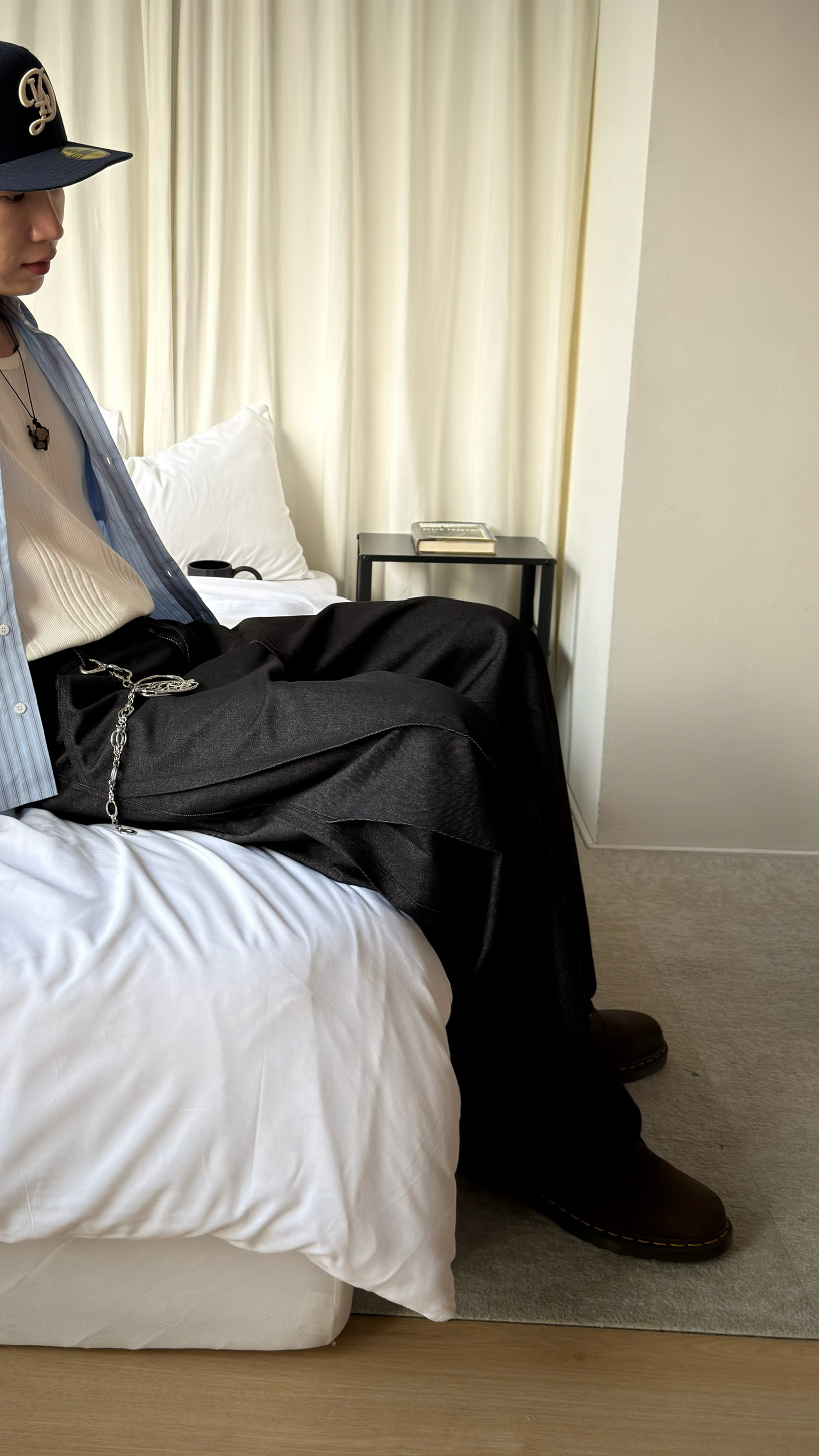 闊腿側立體抓皺丹寧褲