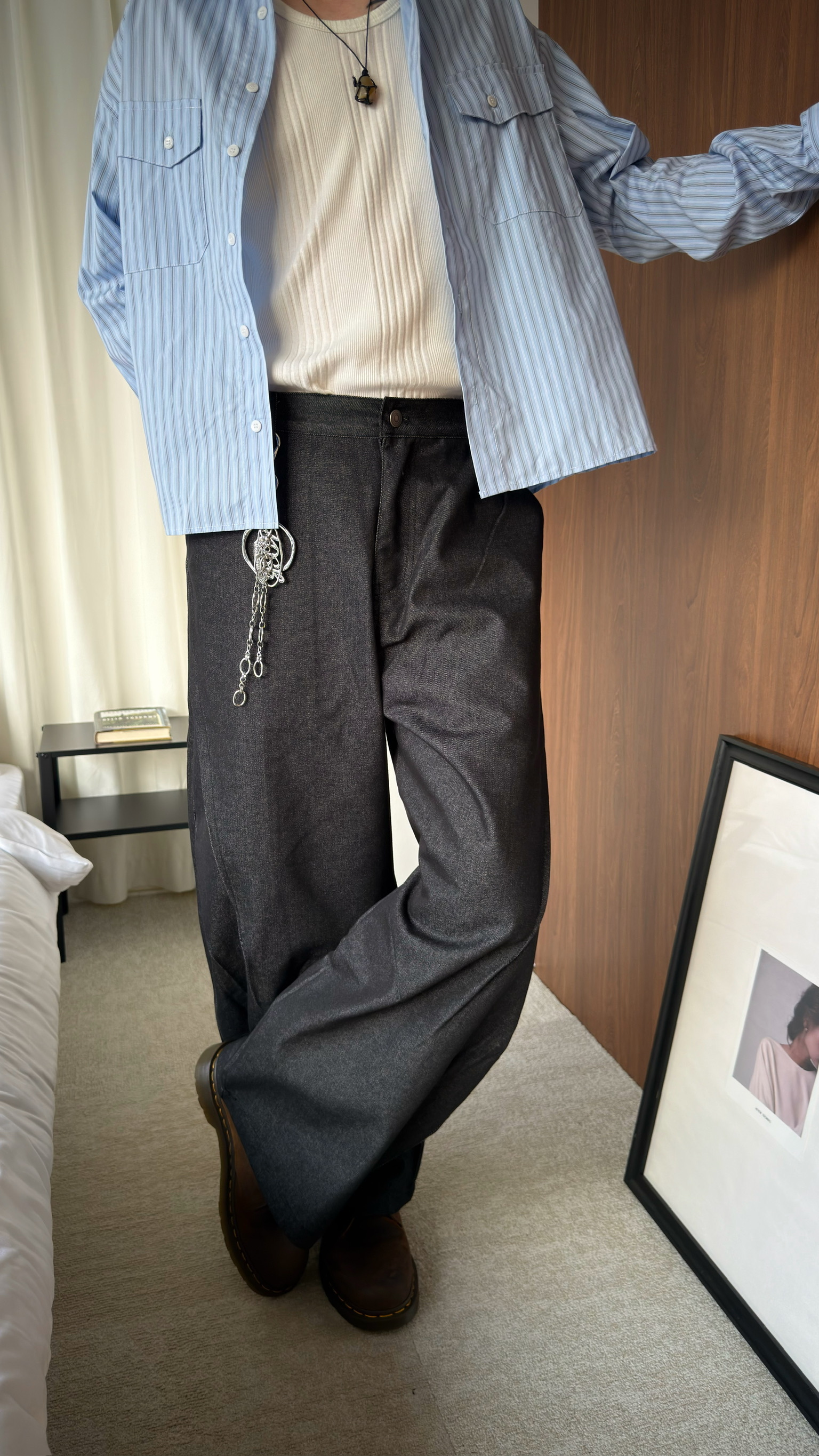 闊腿側立體抓皺丹寧褲