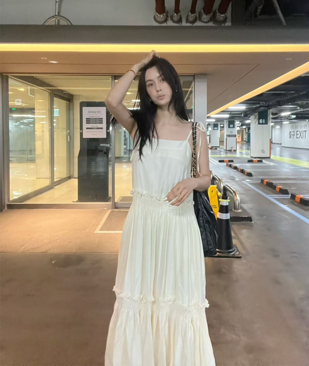 綁肩帶雙層鬆緊口袋長洋裝