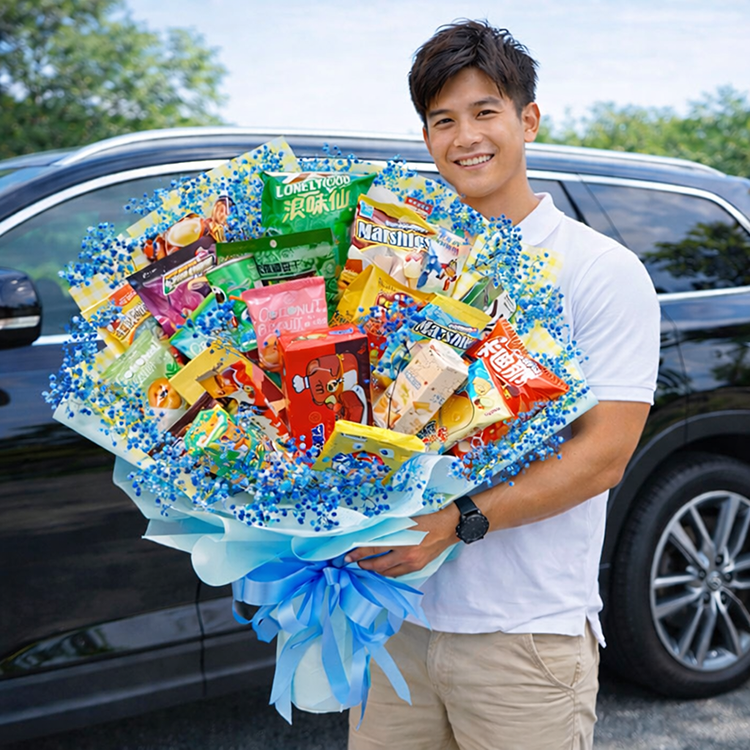 一位站在深色汽車前的人，手持一束由各種零食包裝組成的大型滿天星零食花束。