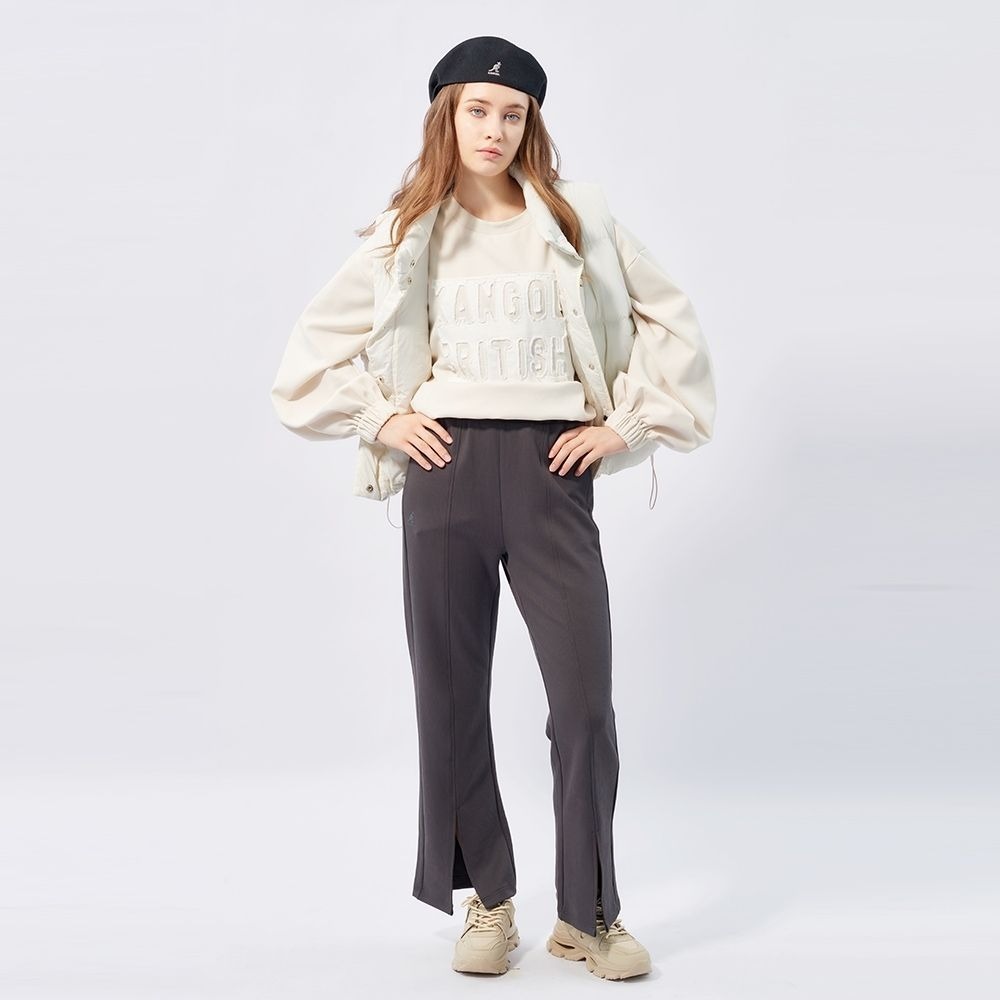 【Kangol】女款貼布繡花T｜貼布刺繡 柔軟彈性-米白色・運動上衣 長袖・中性上衣・上衣・運動上衣