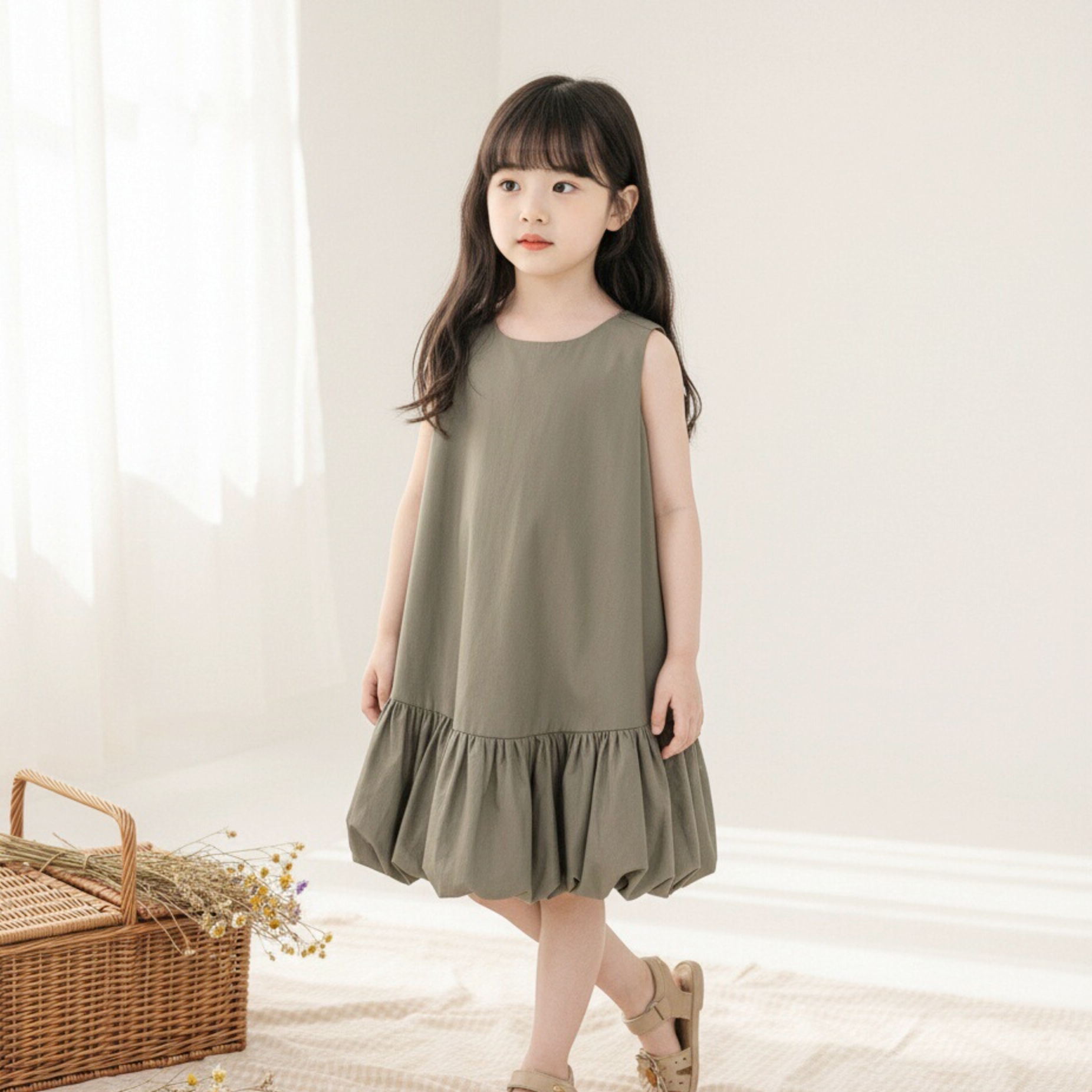 氣質鬆緊花苞下擺設計連身裙 (H50638)