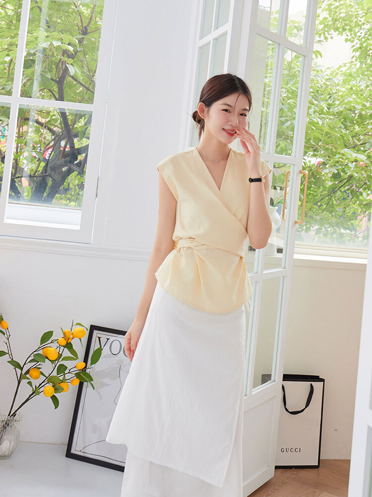 修身V領交叉繫帶無袖上衣