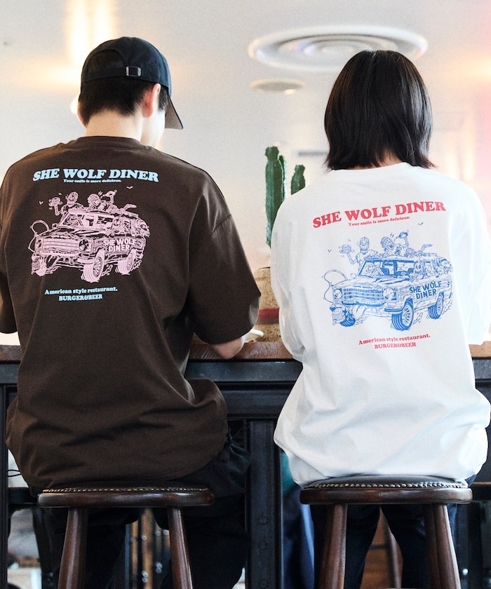 SHE WOLF DINER× FREAK'S STORE/SHE WOLF DINER Custom made big silhouette back print T-shirt CAR