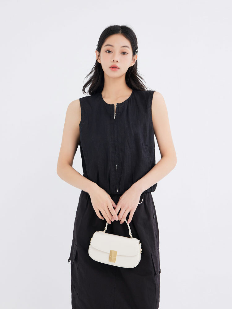 復古麻料拉鍊無袖上衣