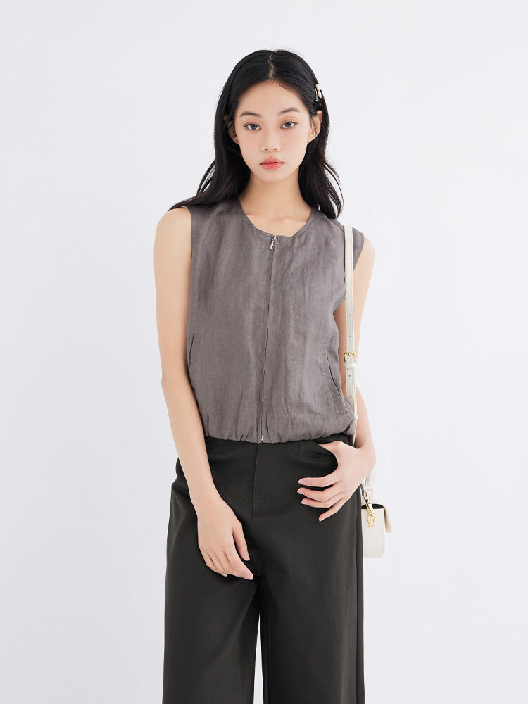 復古麻料拉鍊無袖上衣