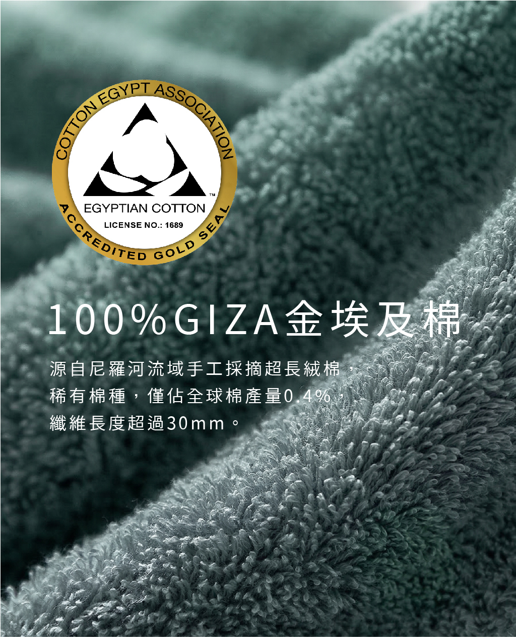 深綠色毛巾高畫質近拍，展現細緻柔滑的毛圈紋理。圖片文字強調「100%GIZA金埃及棉」，說明其為僅佔全球產量 0.4%、長度超過 30mm 的手工採摘稀有超長絨棉，並附有埃及棉協會認證標章。
