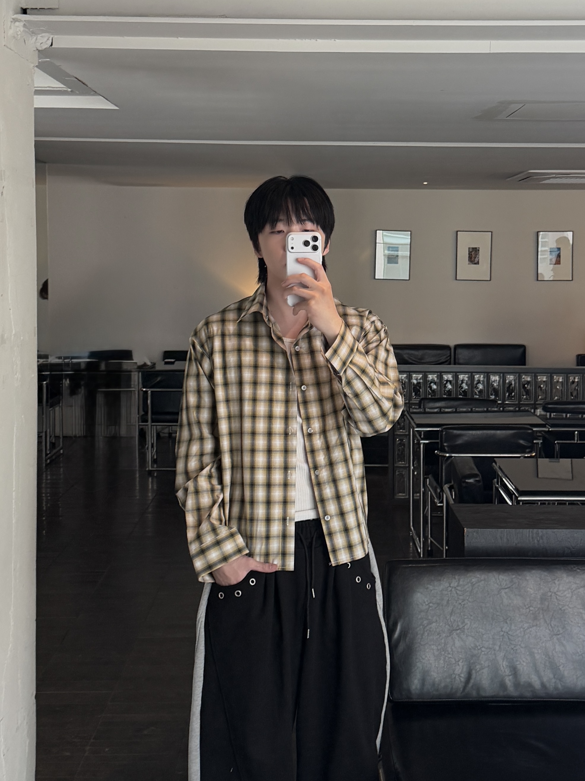 夏日格紋 寬鬆短版長袖襯衫