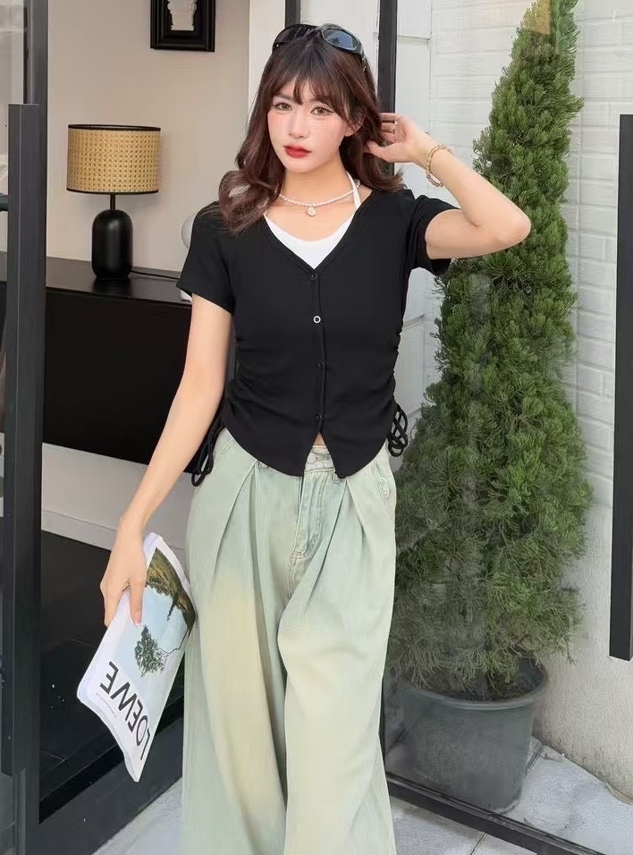 兩側抽繩拼接配色扭釦棉質衣