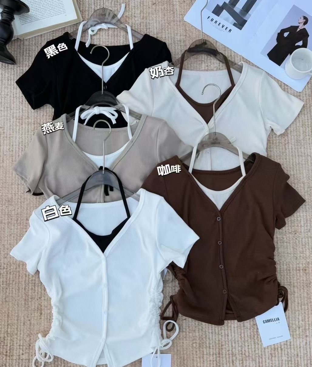 兩側抽繩拼接配色扭釦棉質衣