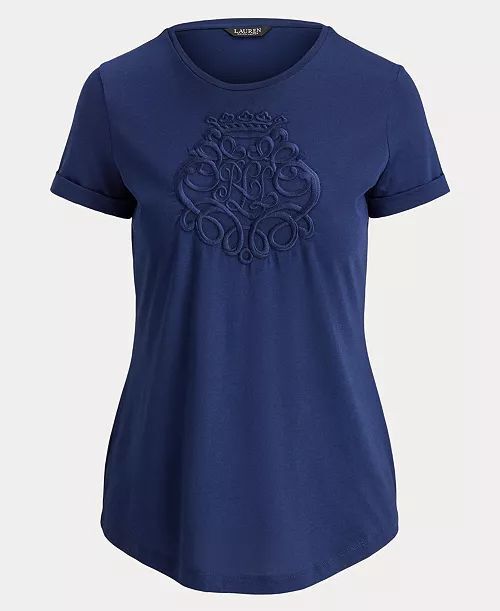 [USW] LAUREN RALPH LAUREN BLUE WOMEN'S EMBROIDERED LOGO CREWNECK T-SHIRT, UZZ123 (UZZ123)