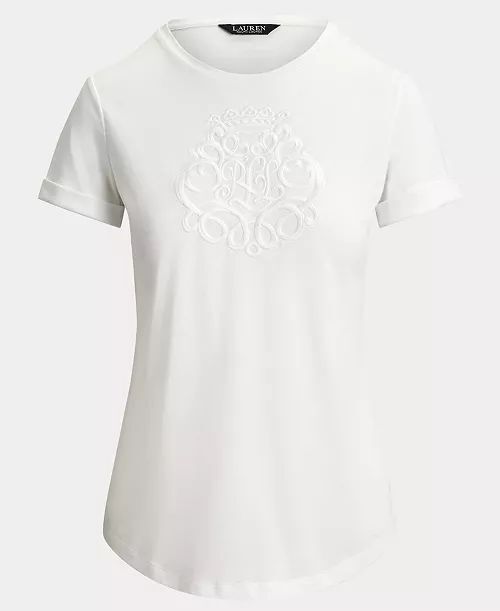 [USW] LAUREN RALPH LAUREN WHITE WOMEN'S EMBROIDERED LOGO CREWNECK T-SHIRT, UZZ124 (UZZ124)