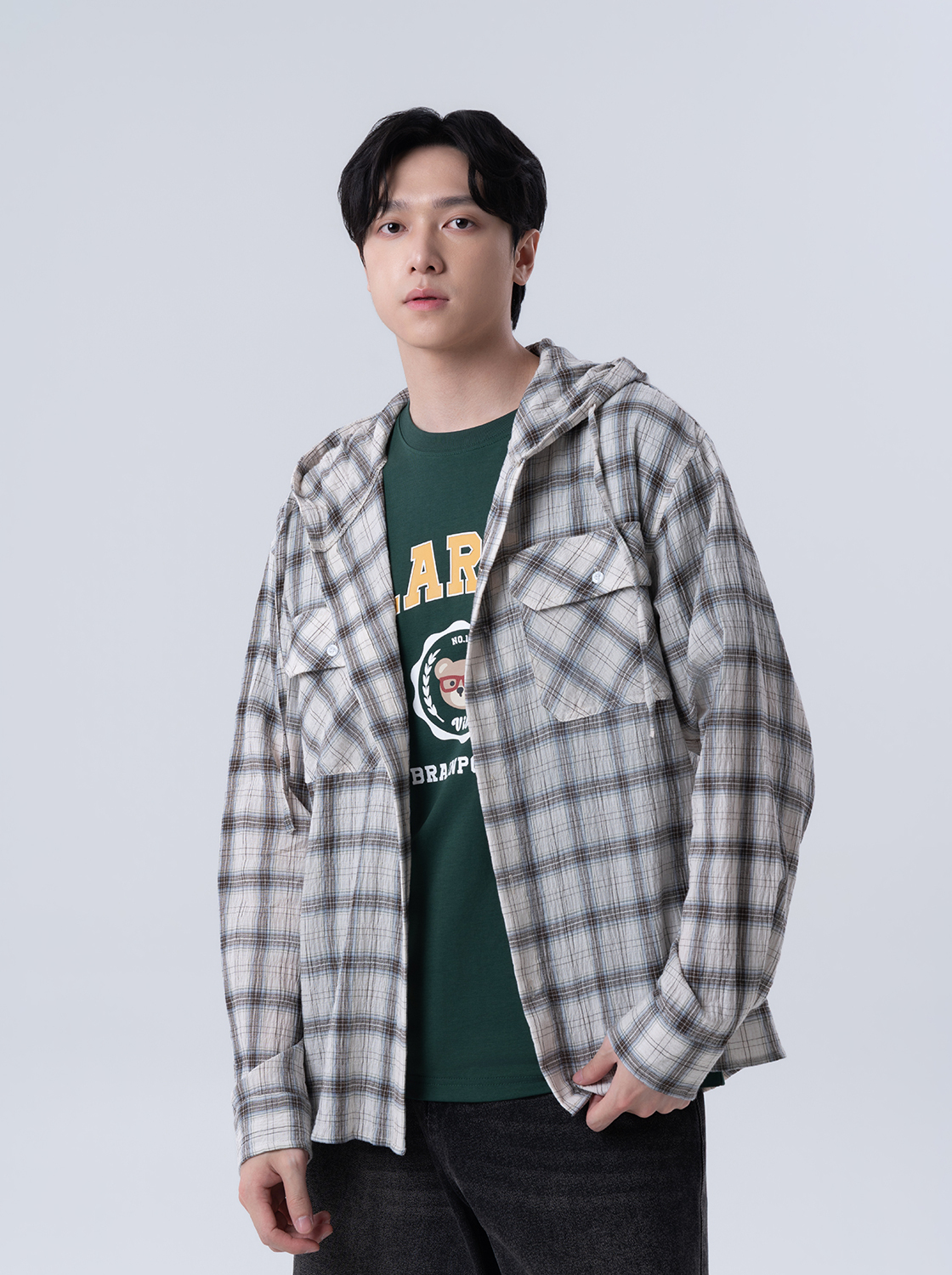 泡泡肌理連帽格子襯衫