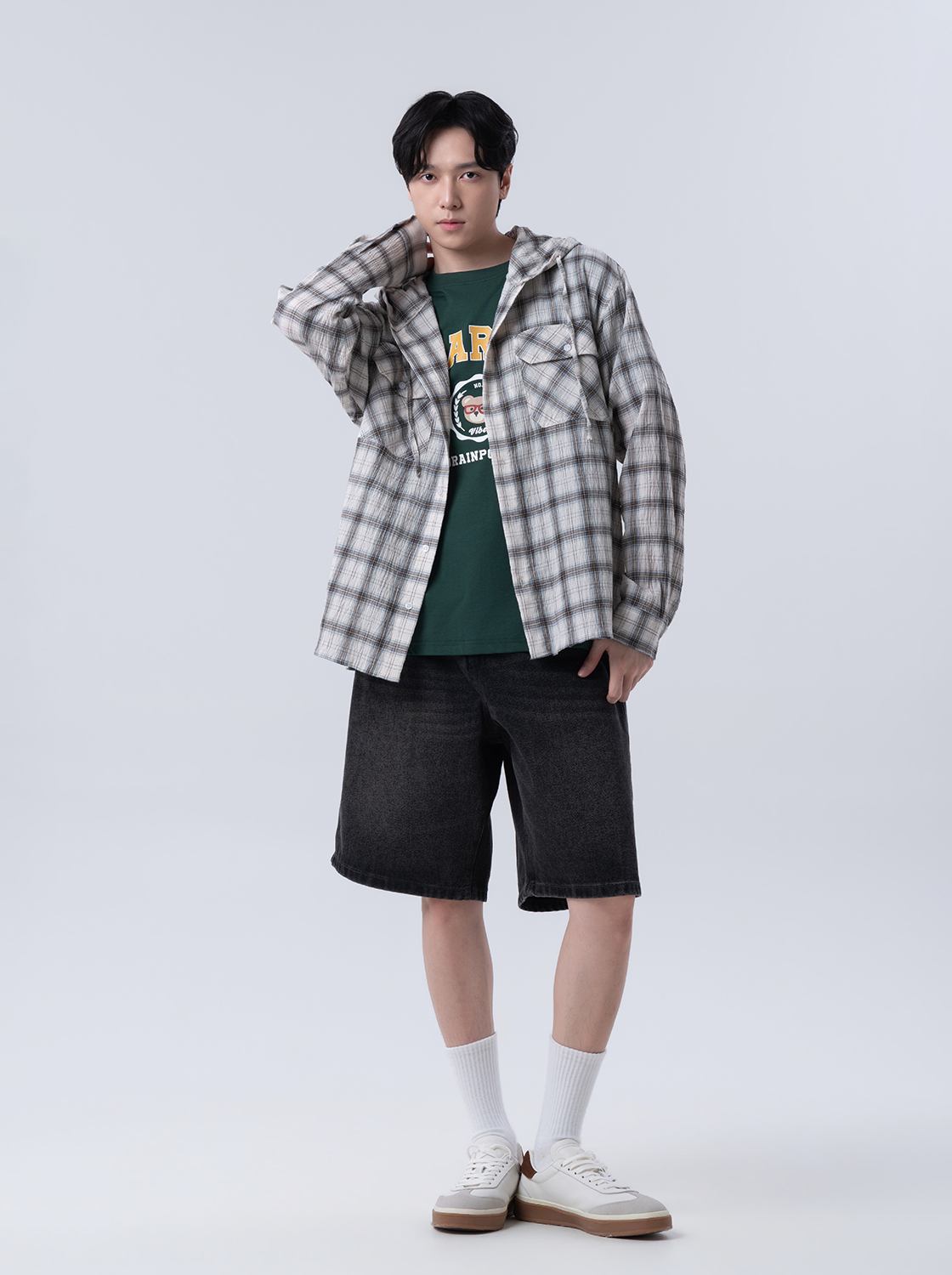 泡泡肌理連帽格子襯衫