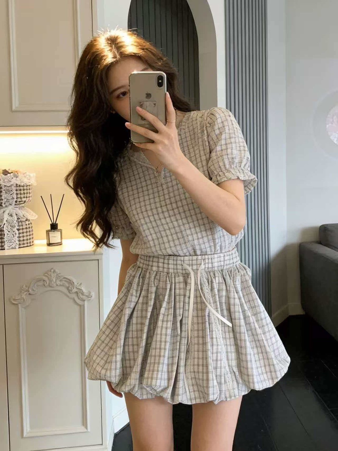 蕾絲緞帶抽繩格紋花苞褲裙