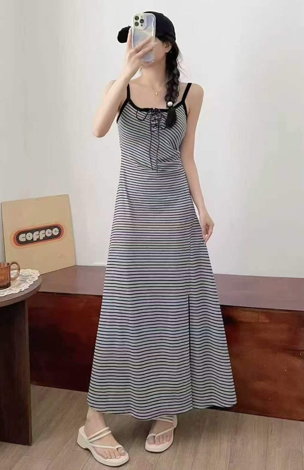 前綁側皺開岔罩杯背心長洋