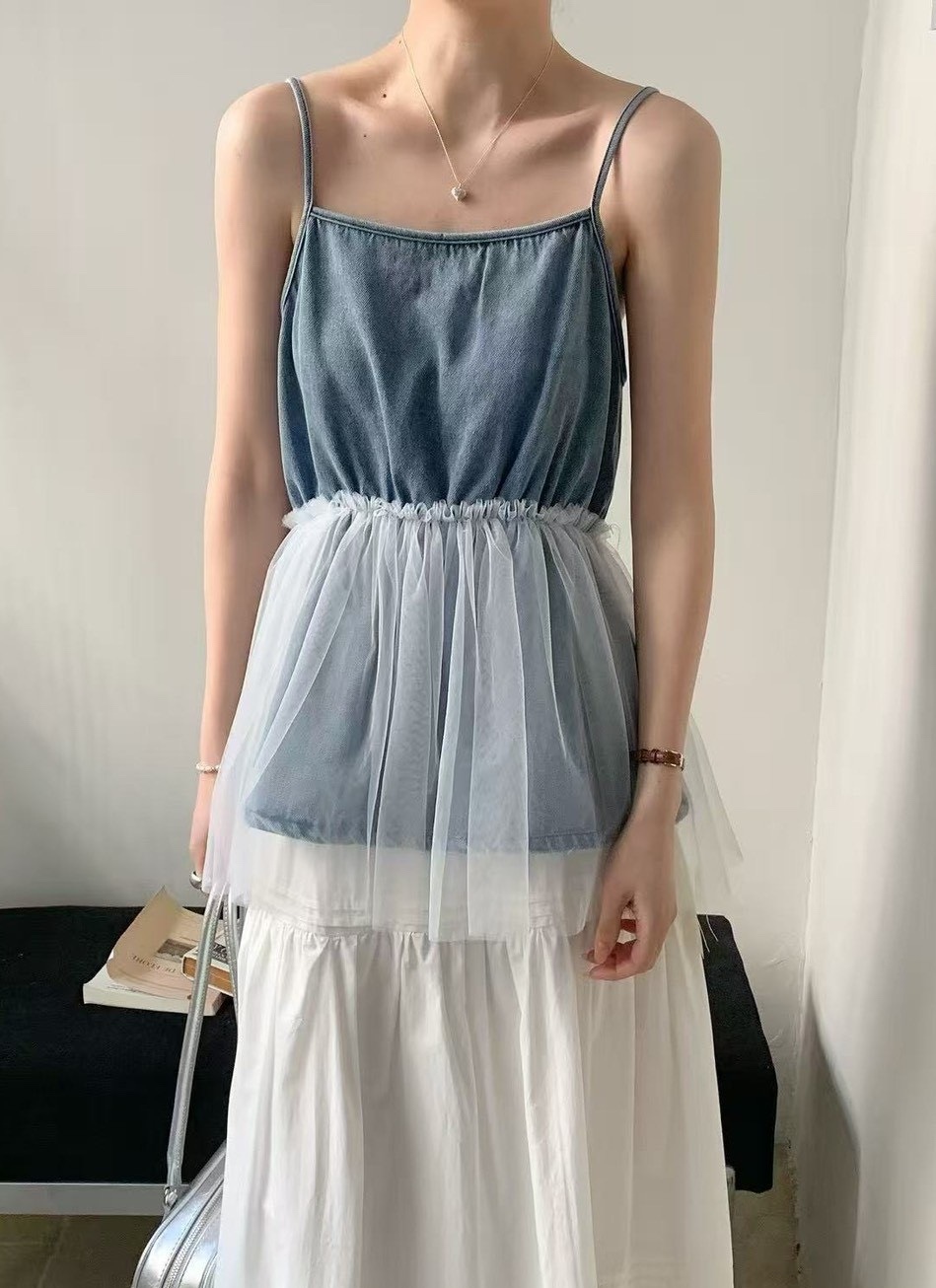 拼接網紗縮腰牛仔背心