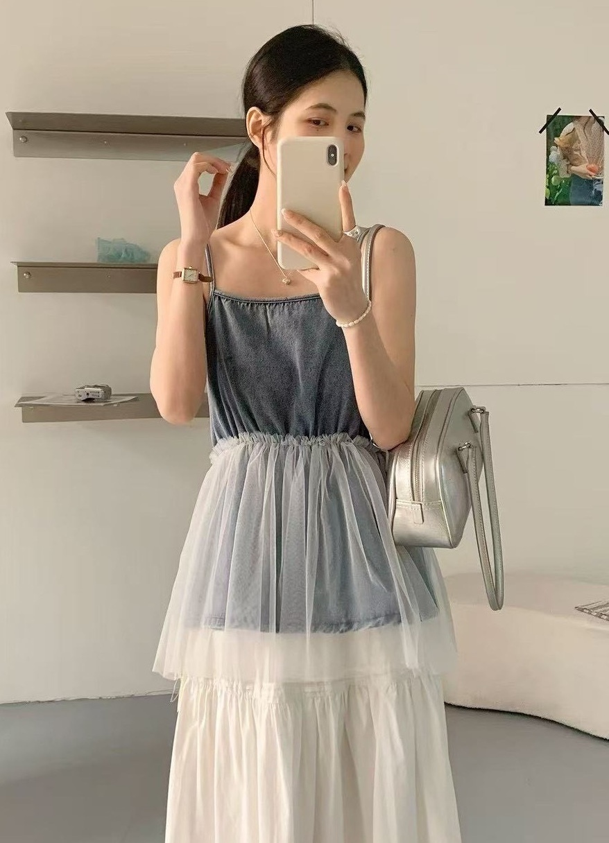 拼接網紗縮腰牛仔背心