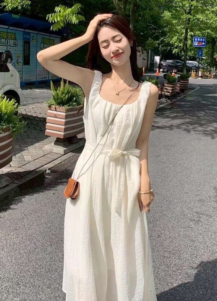 鬆緊肩腰綁帶雪紡背心長洋