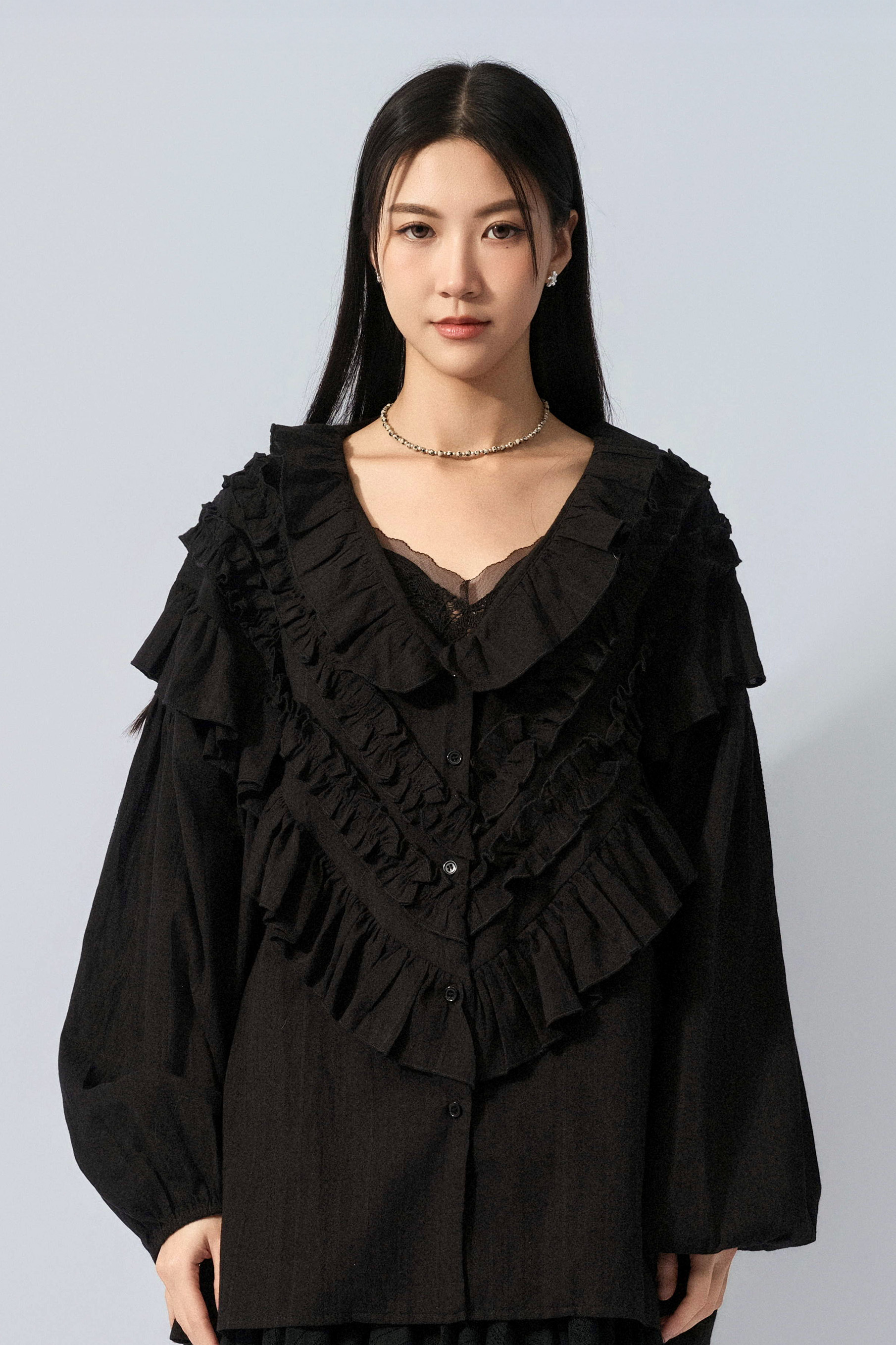 層層荷葉領暗紋闊恤衫 (預購產品）