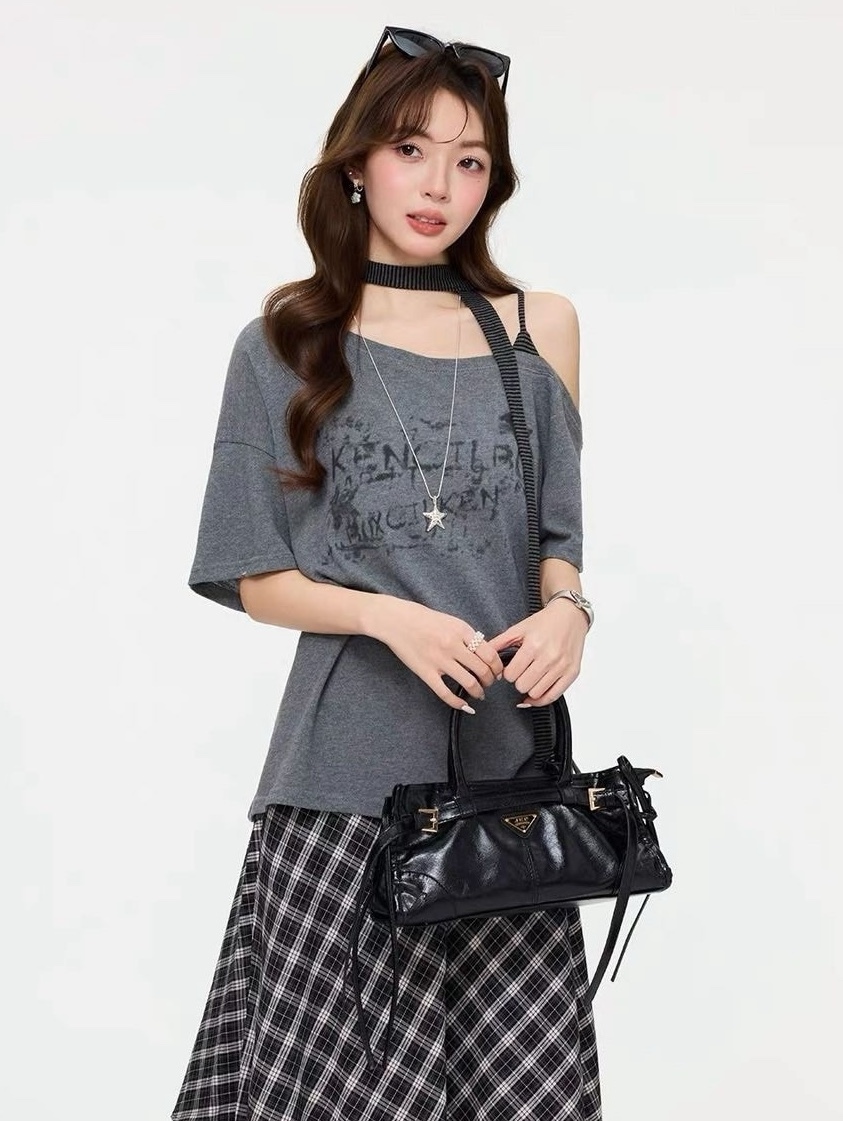 條紋繞脖+單肩側抽繩棉質衣