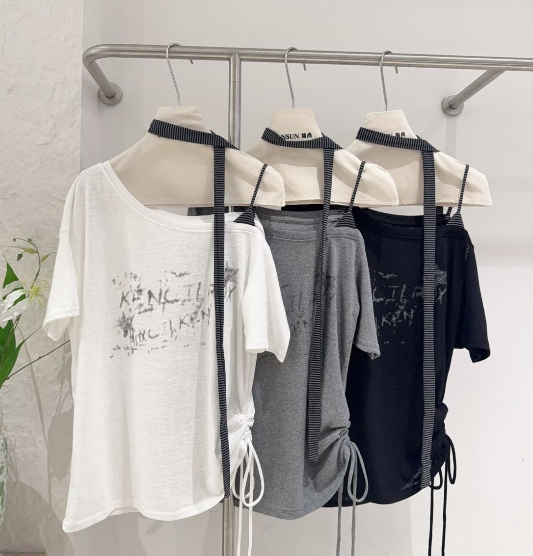 條紋繞脖+單肩側抽繩棉質衣