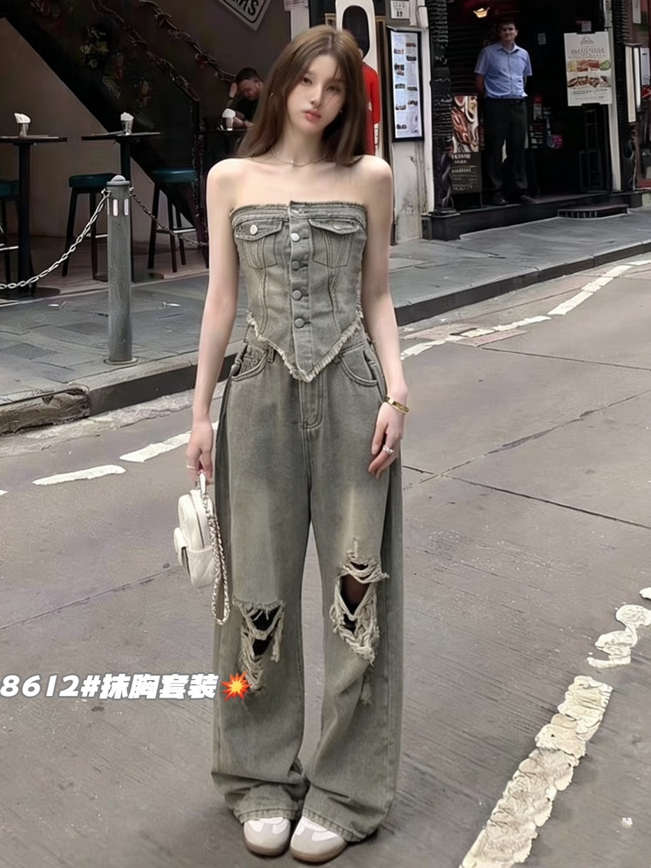 復古後鬆緊平口背心+抓破牛仔寬褲