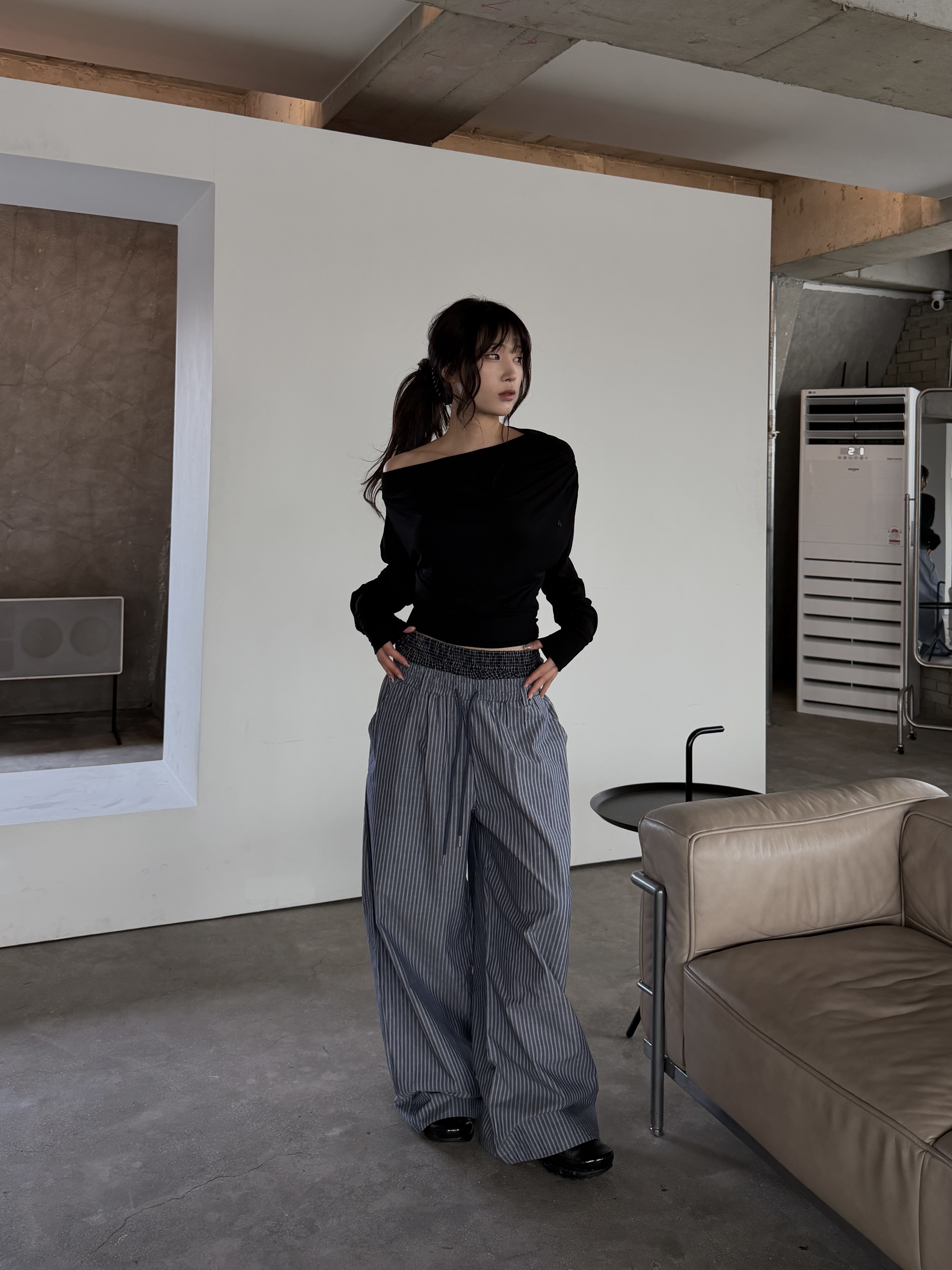 細條紋 層次疊穿 寬鬆長褲