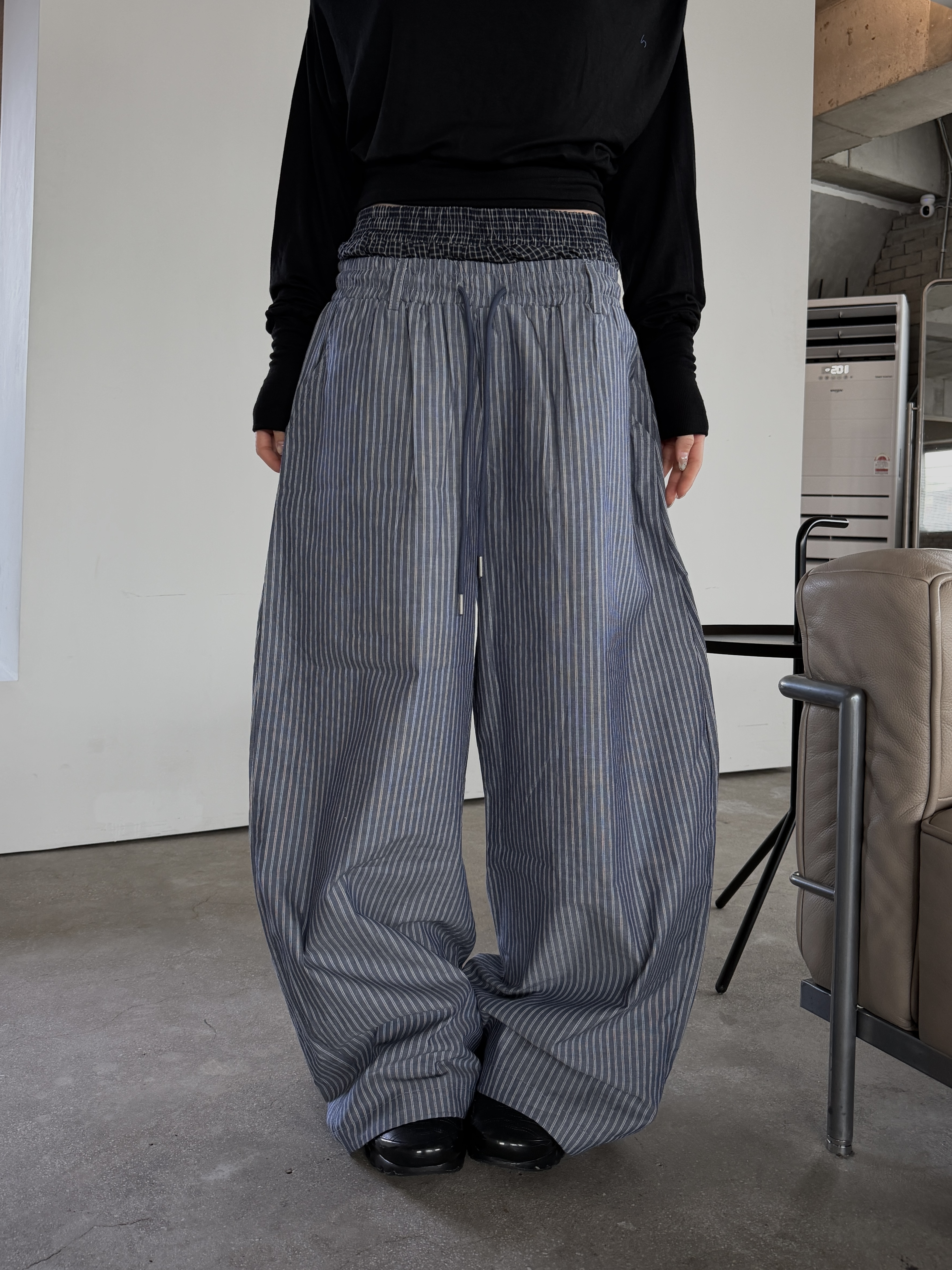 細條紋 層次疊穿 寬鬆長褲