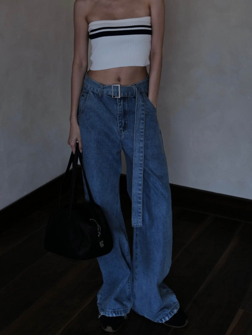 附牛仔腰帶闊腿牛仔褲*2色