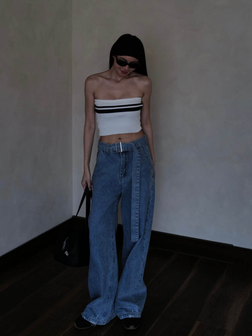 附牛仔腰帶闊腿牛仔褲*2色