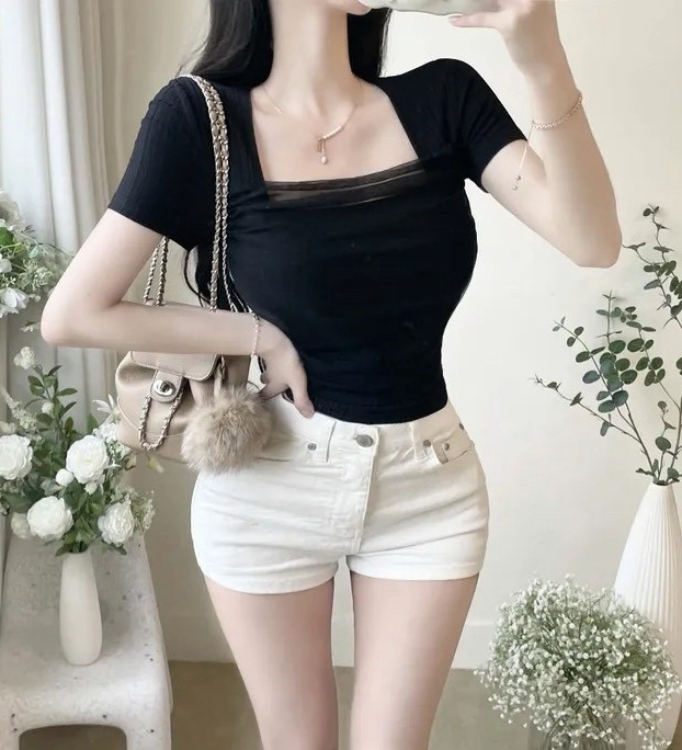 方領接網紗坑紋罩杯衣